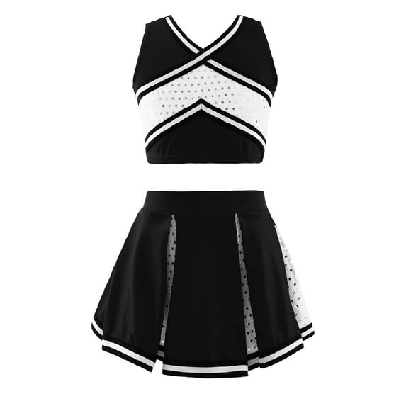 YEAHDOR Kids Girls Cheer Leader Dance Outfit Halloween Carnival Party Cheerleading Uniform Tank Top with Pleated Skirt Set Black 4