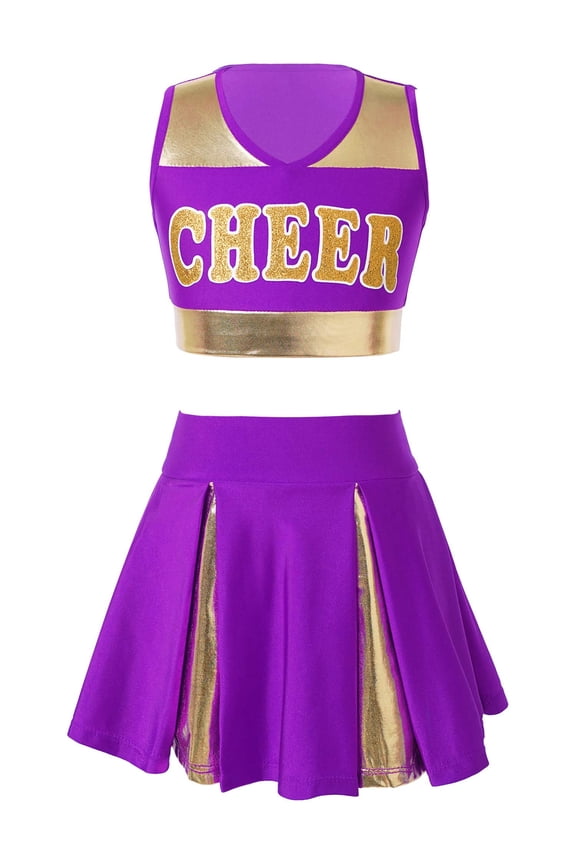 Kids Girls Cheers Dance Outfit Sleeveless Crop Top with Skirt Dance Costume