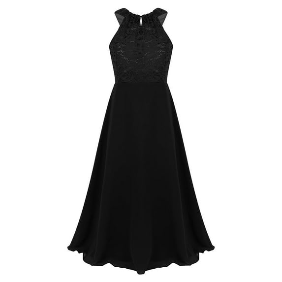 YEAHDOR Kids Girls Chiffon Floral Lace Party Dress Cutout Back Flower Girl Dress Elegant Summer Princess Party Dress Black 14
