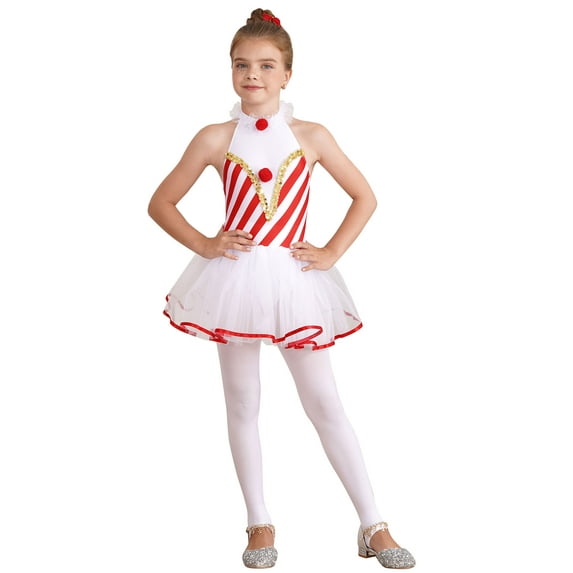 YEAHDOR Kids Girls Christmas Ballet Dance Dress Stripes Backless Tutu Leotard Dress Halloween Carnival Costume Outfit A Red 8