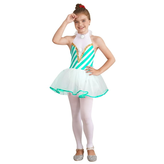 YEAHDOR Kids Girls Christmas Ballet Dance Dress Stripes Backless Tutu Leotard Dress Halloween Carnival Costume Outfit Green 10