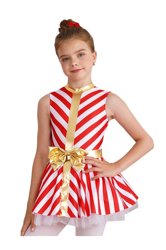 Kids Girls Christmas Dance Dress Stripes Bowknot Waist Ballet Leotard Roller Figure Skating Candy Cane Tutu Dress A Red 10
