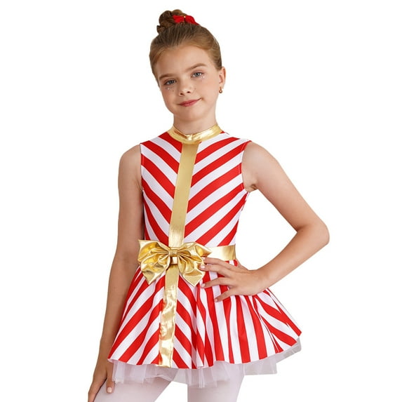 YEAHDOR Kids Girls Christmas Dance Dress Stripes Bowknot Waist Ballet Leotard Roller Figure Skating Candy Cane Tutu Dress A Red 12