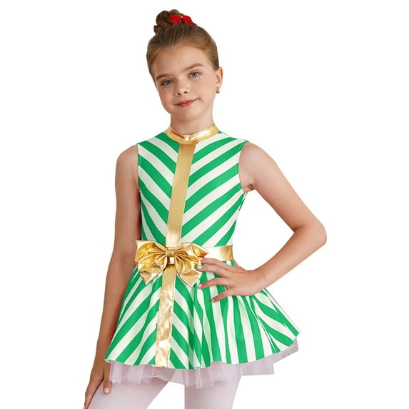 YEAHDOR Kids Girls Christmas Dance Dress Stripes Bowknot Waist Ballet Leotard Roller Figure Skating Candy Cane Tutu Dress Green 14