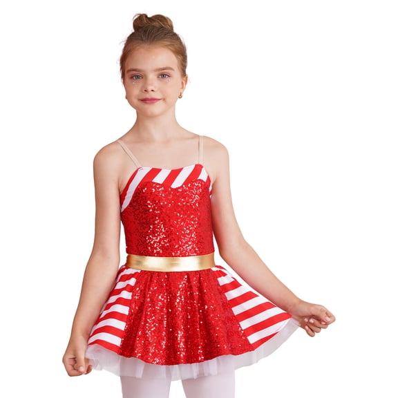 YEAHDOR Kids Girls Christmas Dress up Candy Cane Costume Sparkle Sequins Camis Dress Stripes Ballet Skirted Leotard Red 10