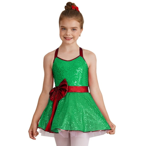 YEAHDOR Kids Girls Christmas Elf Costume Camisole Dress Shiny Sequins Ballet Figure Ice Skating Performance Leotard Dress Green 4