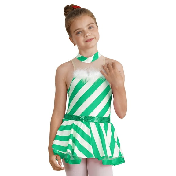 YEAHDOR Kids Girls Christmas Miss Santa Costume Sequins Striped Dance Tutu Leotard Dress Figure Skating Outfit Green 8