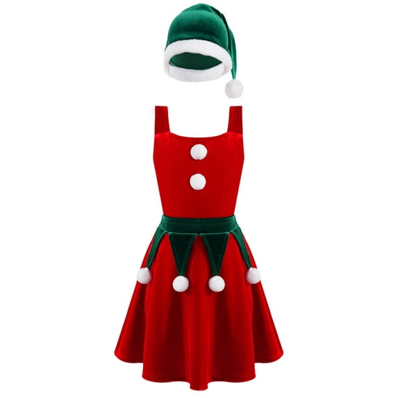 YEAHDOR Kids Girls Christmas Theme Party Outfit Santa Elf Costume Shiny Sequins Mesh Leotard Dress with Hat Outfit Set Red 10