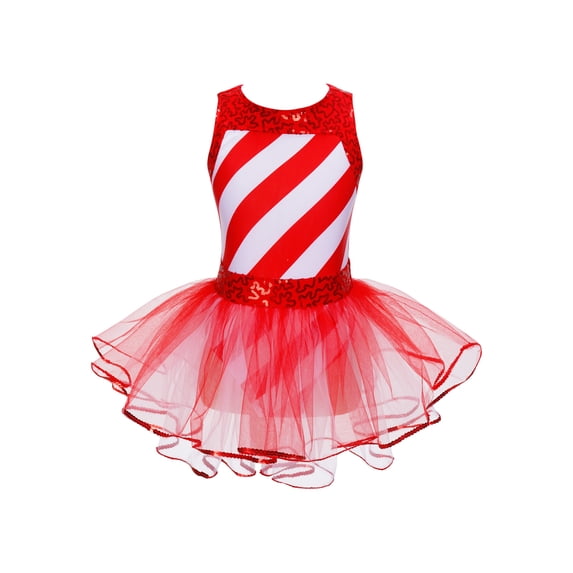 YEAHDOR Kids Girls Christmas Tutu Leotard Dress Sparkle Sequins Striped Miss Santa Dance Performance Tulle Dress Red 14