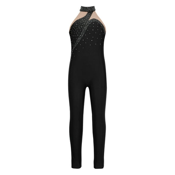 YEAHDOR Kids Girls Dance Unitard Long Sleeve Skating Jumpsuit Mesh Rhinestone Patchwork Jumpsuit Gymnastics Bodysuit Black 16