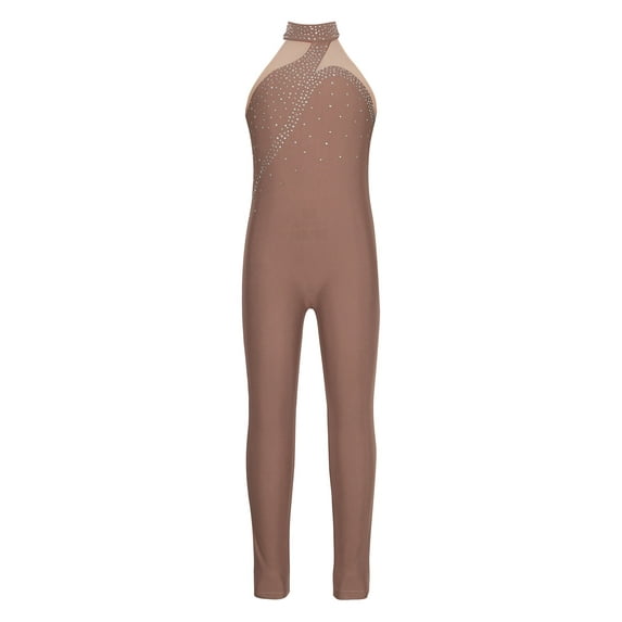 YEAHDOR Kids Girls Dance Unitard Long Sleeve Skating Jumpsuit Mesh Rhinestone Patchwork Jumpsuit Gymnastics Bodysuit Brown 8