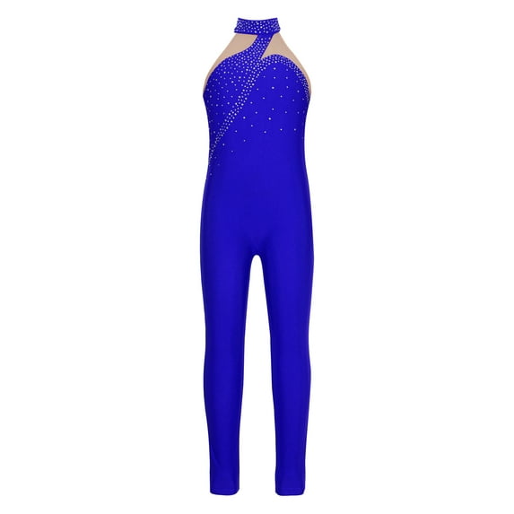 YEAHDOR Kids Girls Dance Unitard Long Sleeve Skating Jumpsuit Mesh Rhinestone Patchwork Jumpsuit Gymnastics Bodysuit Royal Blue 6