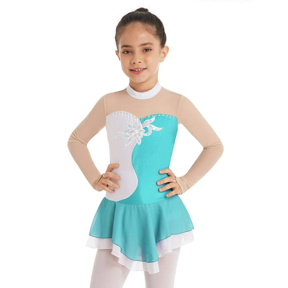 YEAHDOR Kids Girls Figure Ice Skating Dress Mesh Hollow Back Sequins Tulle Leotard Dress