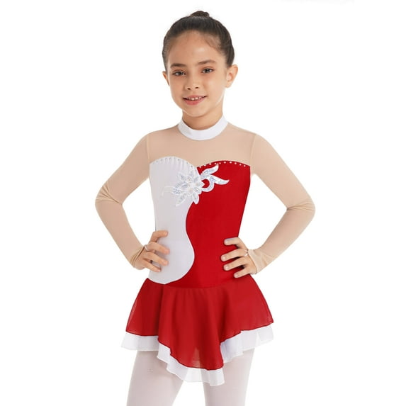 YEAHDOR Kids Girls Figure Ice Skating Dress Mesh Hollow Back Sequins Tulle Leotard Dress