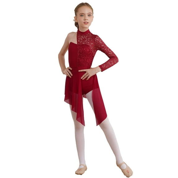 YEAHDOR Kids Girls Figure Ice Skating Jumpsuit Floral Lace Long Sleeve Skirted Leotard for Latin Jazz Dance Burgundy 10