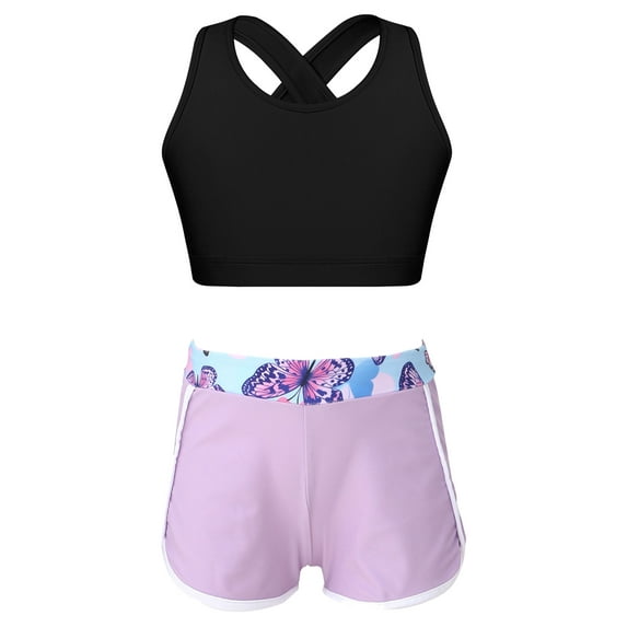 YEAHDOR Kids Girls Gym Outfit Bathing Suit Sleeveless Criss Cross Back Crop Top with Wide Waistband Shorts Butterfly 6
