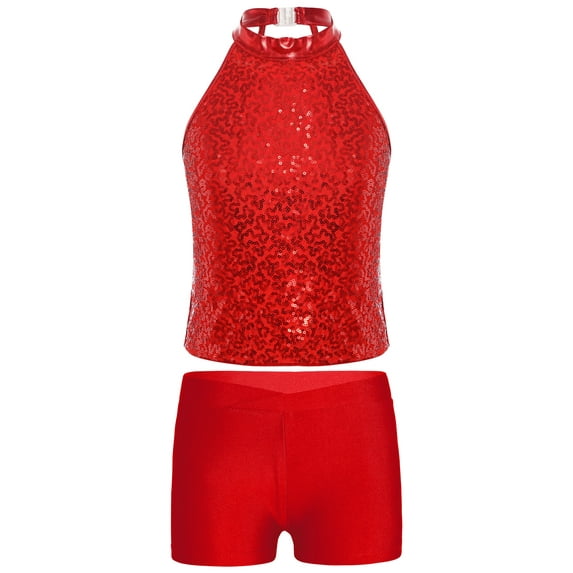 YEAHDOR Kids Girls Gymnastic Dance Outfit Halter Allover Sequins Tops with Gymnastics Workout Shorts Red 8