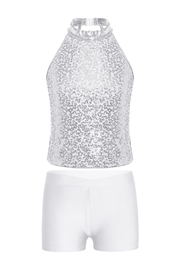 Kids Girls Gymnastic Dance Outfit Halter Allover Sequins Tops with Gymnastics Workout Shorts White 16