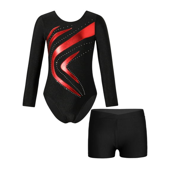 YEAHDOR Kids Girls Gymnastics Ballet Suit Sparkle Rhinestones Long Sleeve Leotard with Shorts Dance Set Red 8