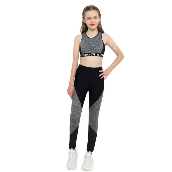 YEAHDOR Kids Girls Gymnastics Dance Outfit Racer Back Crop Tank Top with Leggings Set Gray-Black 16