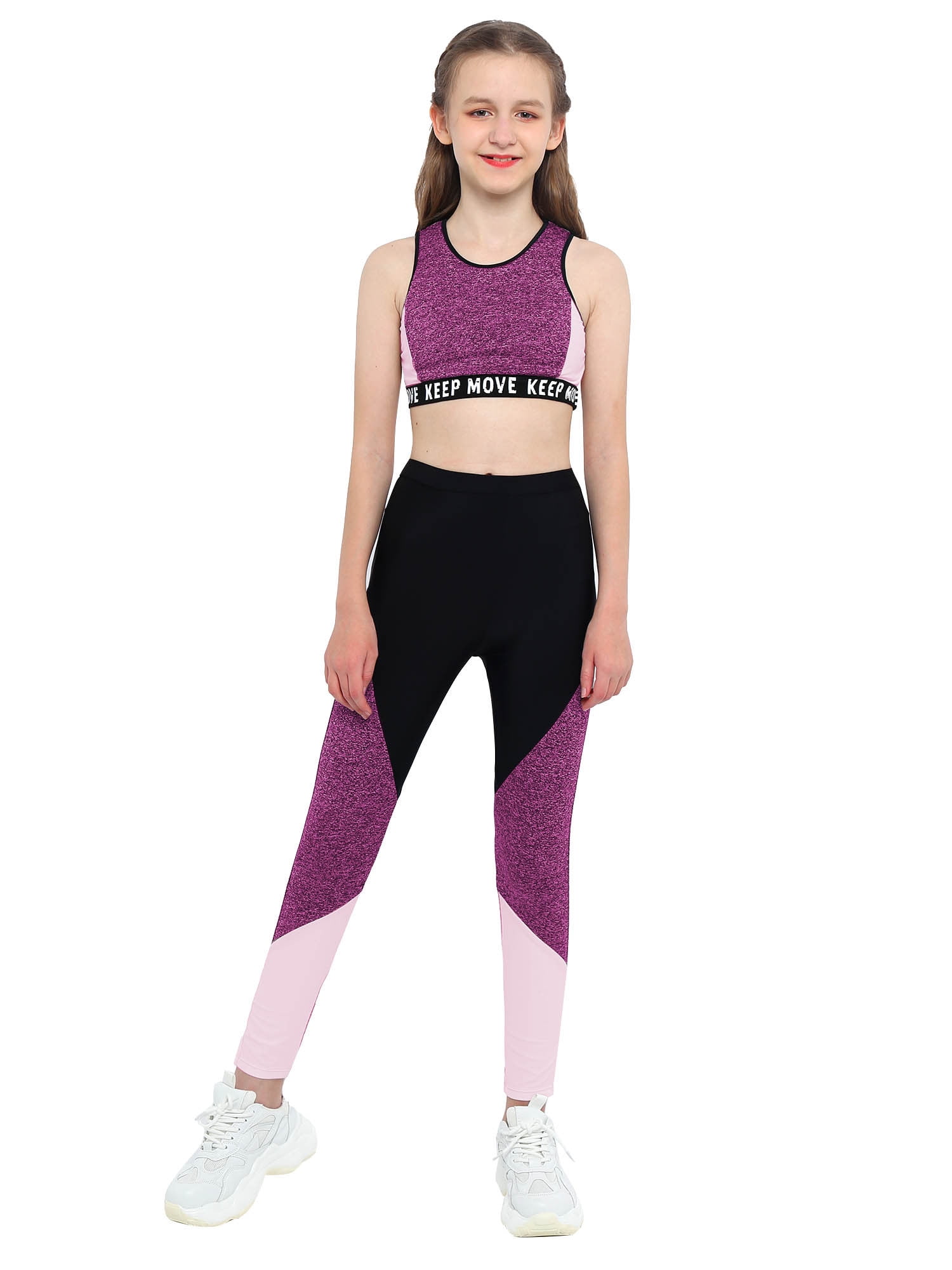 YEAHDOR Kids Girls Gymnastics Dance Outfit Racer Back Crop Tank Top with  Leggings Set Pink Black 10 