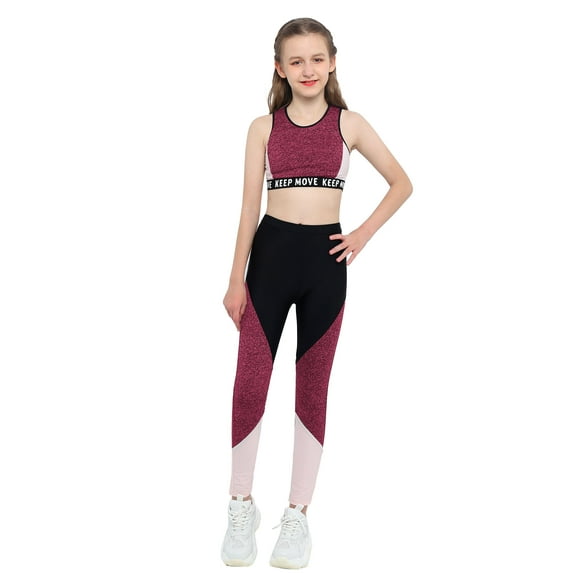 YEAHDOR Kids Girls Gymnastics Dance Outfit Racer Back Crop Tank Top with Leggings Set Red 12
