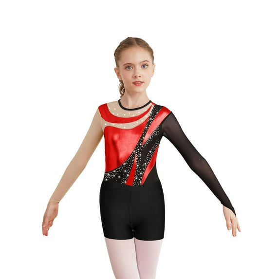 YEAHDOR Kids Girls Gymnastics Dance Suit Long Sleeve Metallic Shiny Rhinestones Leotard Unitard with Shorts Red&Black 8