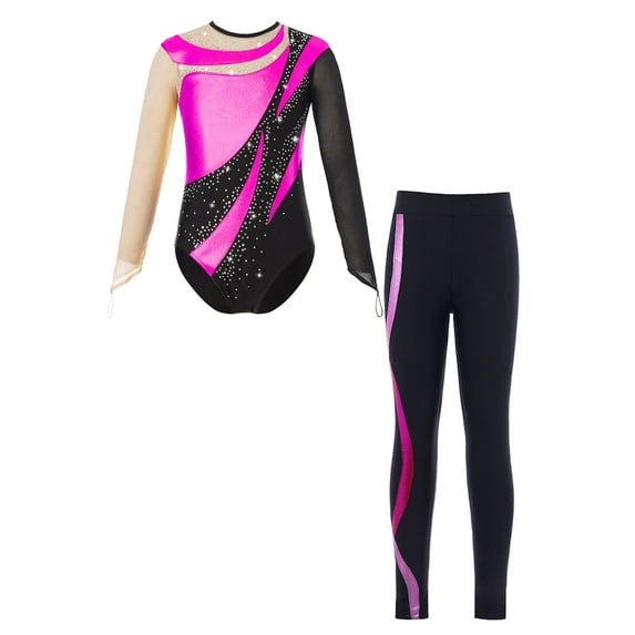 YEAHDOR Kids Girls Gymnastics Fitness Outfit Long Sleeve Metallic Leotard with Stripes Pants Jogging Skating Suit Hot Pink 14