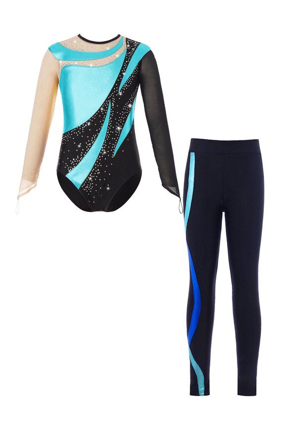 Kids Girls Gymnastics Fitness Outfit Long Sleeve Metallic Leotard with Stripes Pants Jogging Skating Suit Turquoise 6