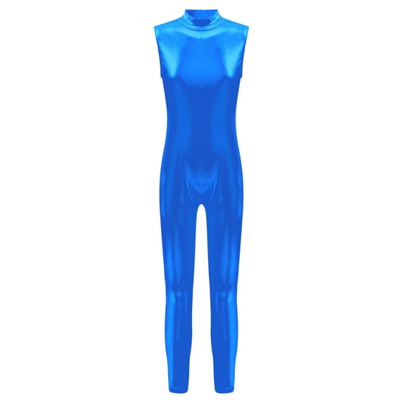 YEAHDOR Kids Girls Gymnastics Full Length Jumpsuit Metallic Sleeveless Gymnastics Acrobatics Unitard Bodysuit Royal Blue 12