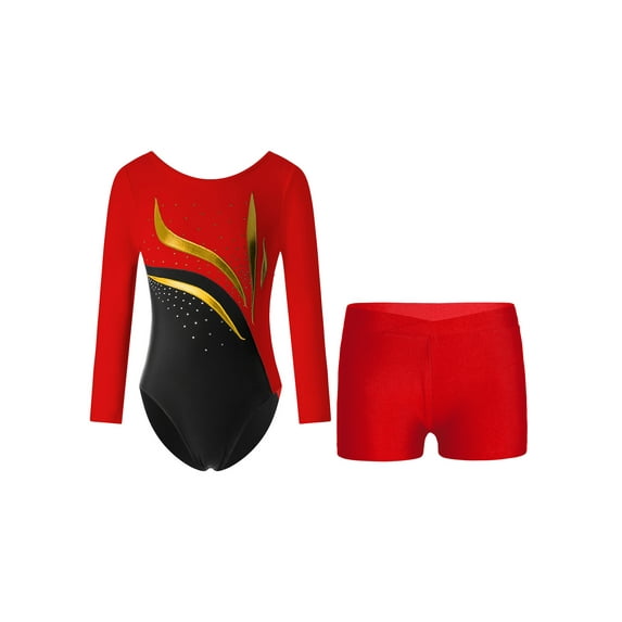 YEAHDOR Kids Girls Gymnastics Workout Outfit Long Sleeve Shiny Rhinestones Leotard with Boy-cut Shorts Dance Suit Red 8