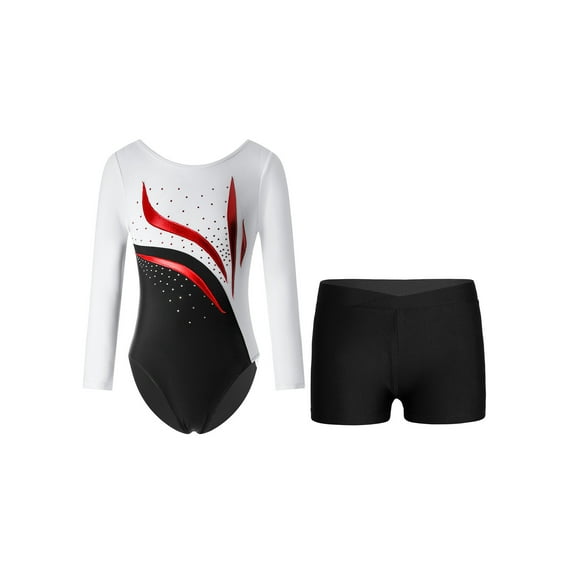 YEAHDOR Kids Girls Gymnastics Workout Outfit Long Sleeve Shiny Rhinestones Leotard with Boy-cut Shorts Dance Suit White&Black 6