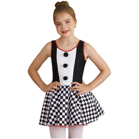 YEAHDOR Kids Girls Halloween Clown Carnival Performance Outfit Sleeveless Checkerboard Print Tutu Dress Black 14