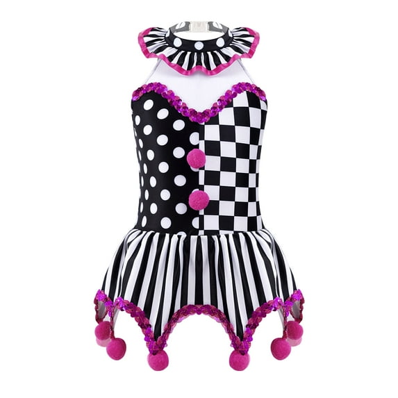 YEAHDOR Kids Girls Halloween Clown Joker Cosplay Costume Stage Performance Dance Leotard Fancy Dress Black&White 4