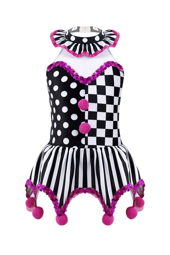 Kids Girls Halloween Clown Joker Cosplay Costume Stage Performance Dance Leotard Fancy Dress Black&White 4