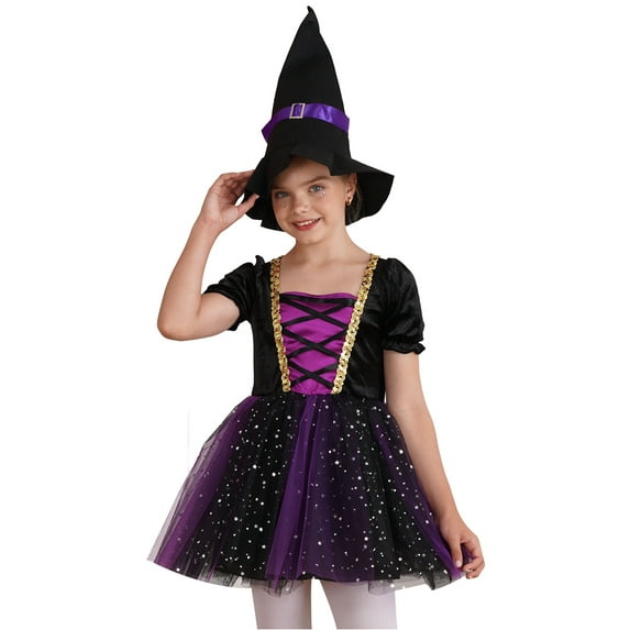 YEAHDOR Kids Girls Halloween Witch Costume Velvet Tutu Dress with Magic Hat Carnival Party Dress Up A Purple 8