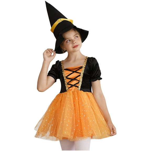 YEAHDOR Kids Girls Halloween Witch Costume Velvet Tutu Dress with Magic Hat Carnival Party Dress Up Orange 4
