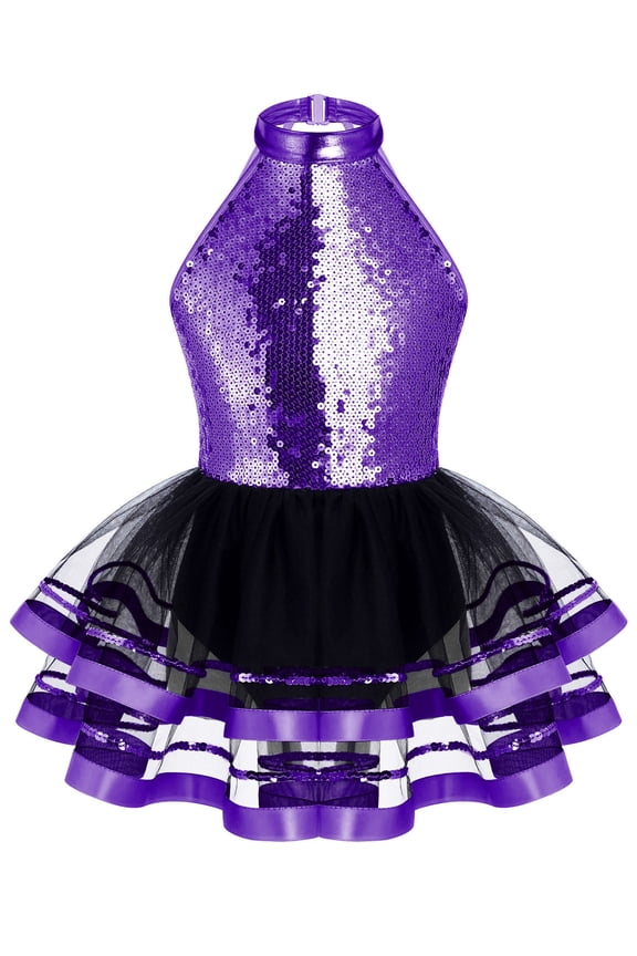Kids Girls Halter Shiny Sequins Ballet Latin Tutu Dress Modern Dance Costume Dancewear Purple 10