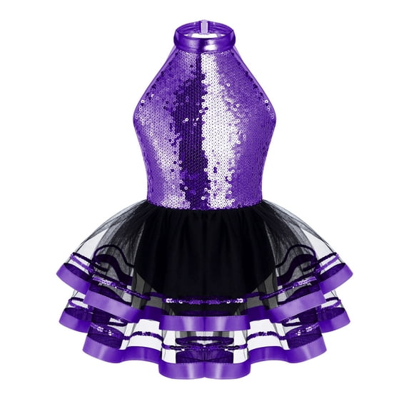 YEAHDOR Kids Girls Halter Shiny Sequins Ballet Latin Tutu Dress Modern Dance Costume Dancewear Purple 16