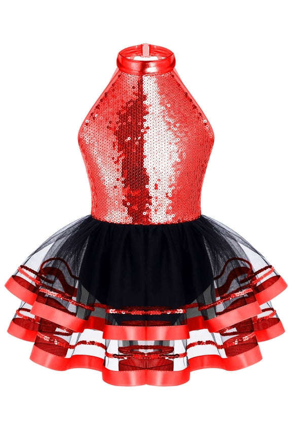 Kids Girls Halter Shiny Sequins Ballet Latin Tutu Dress Modern Dance Costume Dancewear Red 6