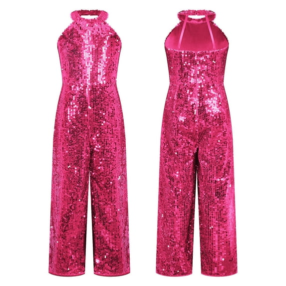 YEAHDOR Kids Girls Halter Sparkly All Sequins Romper Sleeveless Wide-Leg One-Piece Jumpsuit Banquet Party Pageant Outfit A Hot Pink 6