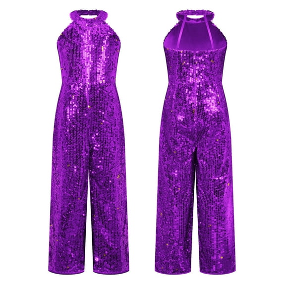 YEAHDOR Kids Girls Halter Sparkly All Sequins Romper Sleeveless Wide-Leg One-Piece Jumpsuit Banquet Party Pageant Outfit Purple 8