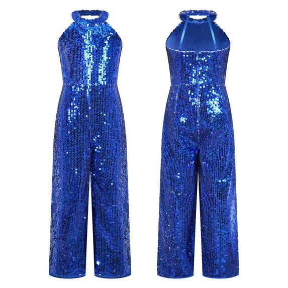 YEAHDOR Kids Girls Halter Sparkly All Sequins Romper Sleeveless Wide-Leg One-Piece Jumpsuit Banquet Party Pageant Outfit Royal Blue 12