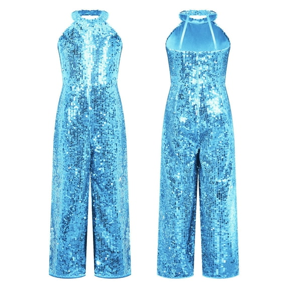YEAHDOR Kids Girls Halter Sparkly All Sequins Romper Sleeveless Wide-Leg One-Piece Jumpsuit Banquet Party Pageant Outfit Sky Blue 6