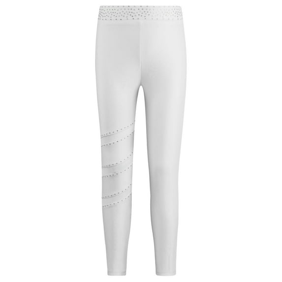 YEAHDOR Kids Girls Ice Skating Pants Shiny Rhinestones Exercise Training Trousers Acrobatics Leggings White 12