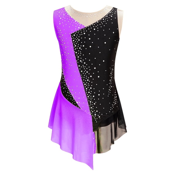 YEAHDOR Kids Girls Illusion Deep V-back Dance Leotard Shiny Rhinestone Mesh Gymnastics Modern Dance Leotard Purple 10