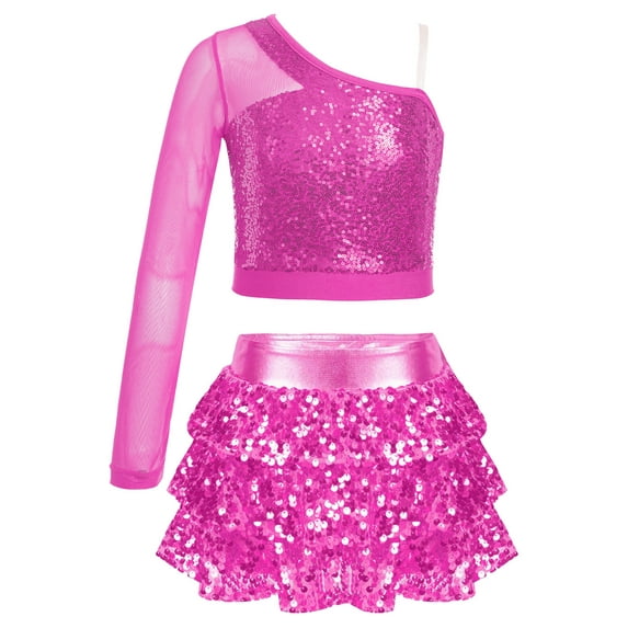 YEAHDOR Kids Girls Jazz Latin Dance Outfit One Shoulder Sequins Crop Top with Culottes Modern Dance Wear A Hot Pink 6