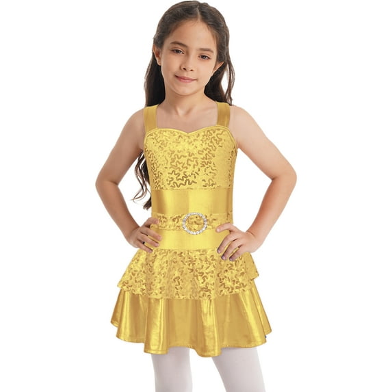 YEAHDOR Kids Girls Jazz Tap Dance Costume Sequins Bowknot Ballet Leotard Dress Gold 6