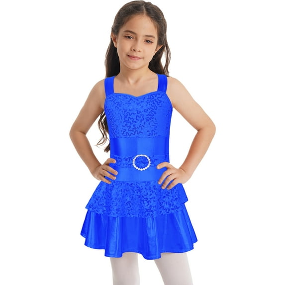 YEAHDOR Kids Girls Jazz Tap Dance Costume Sequins Bowknot Ballet Leotard Dress Royal Blue 16