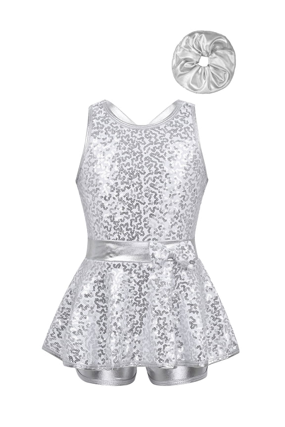 Kids Girls Jazz Tap Dance Costume Sequins Bowknot Ballet Leotard Dress Silver-C 8